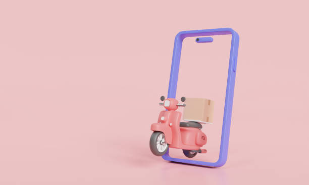 istock Delivery online by motorcycle on pink background. Scooter, Smart Logistic, courier, food order, delivery package. Webpage, ecommerce, app design. 3d minimal render illustration. Cartoon minimal 1553549416