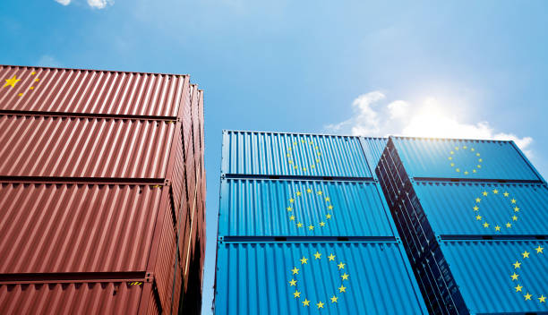 istock Cargo containers with European union flag and Chinese flag 1553550512