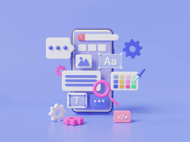 istock 3d render illustration of Mobile application and website platform development. UI-UX design, user interface website building, software development, internet website create, coding programing 1553550515