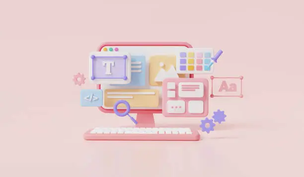 Photo of Pc computer web UI-UX design with user interface. web development, coding programming, software development, web design concept. banner, landing page. 3d render Illustration on pink background