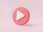Play button icon on pink background. Video play icon, Social media, Media player sign, video player, streaming, live stream, multimedia concept. 3d render illustration. Cartoon minimal style