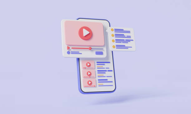Playing video online with talk comment on mobile, Blogger channel, Video streaming, Live digital stream, Online video, Passive income, Influencer. Social media concept. 3d minimal render illustration reproducción de video en línea con comentario de conversación en el móvil, canal de blogger, transmisión de video, transmisión digital en vivo, video en línea, ingresos pasivos, influencer. concepto de redes sociales. ilustración de renderizado mí