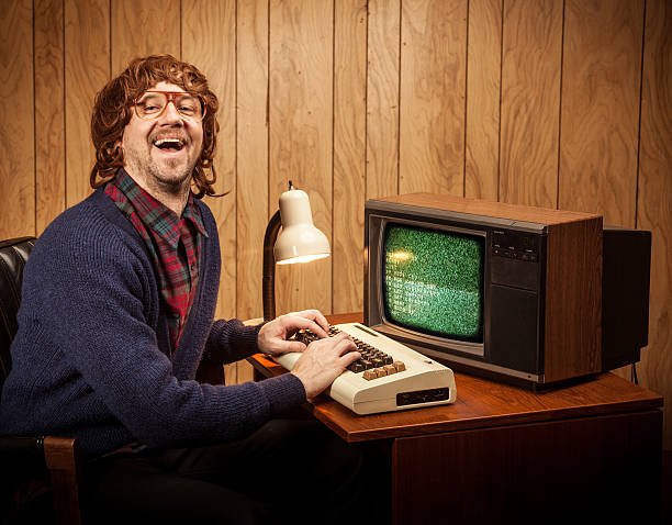 istock Shaggy haired Geeky Nerd Computer work man vintage style 155355212