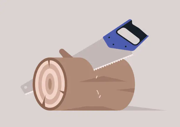 Vector illustration of A saw cutting a wood log, woodworking workshop