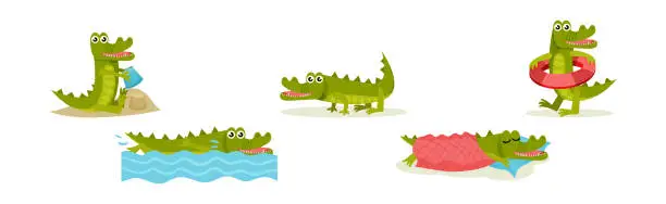 Vector illustration of Cute Crocodile Character Engaged in Different Activity Vector Set