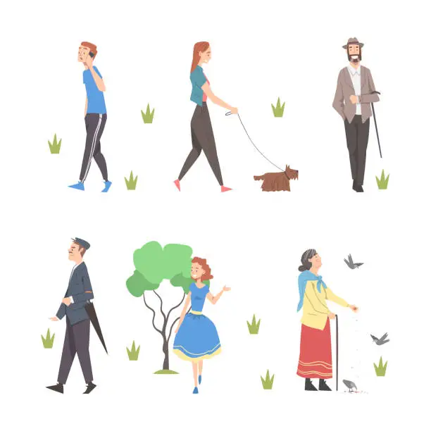 Vector illustration of People Characters Walking in the Park with Dog and Speaking by Phone Vector Set