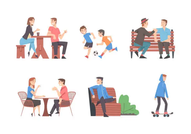 Vector illustration of People Characters Walking in the Park Sitting on Bench and at Cafe Table Vector Set