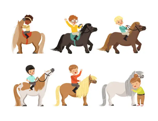 Vector illustration of Little Boy and Girl with Pony Horse Riding and Care of It Vector Set