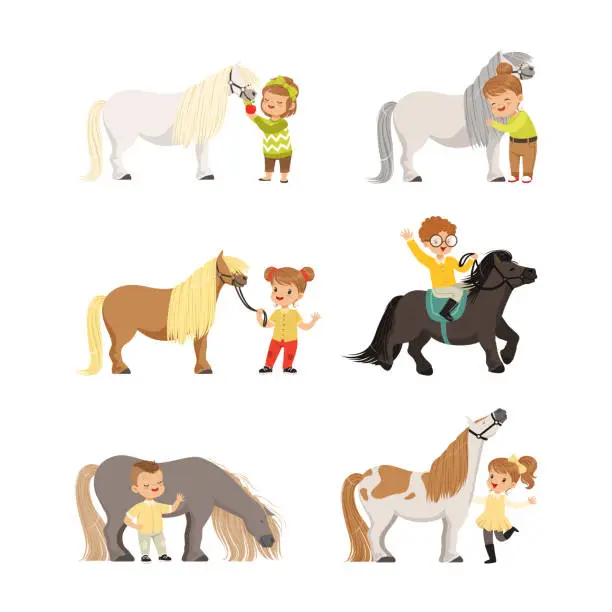 Vector illustration of Little Boy and Girl with Pony Horse Riding and Care of It Vector Set