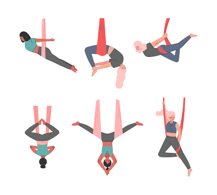 Young Sporty Woman in Sportswear Practicing Aerial Yoga with Silk Ribbon Vector Set. Female Training Balance and Stretching