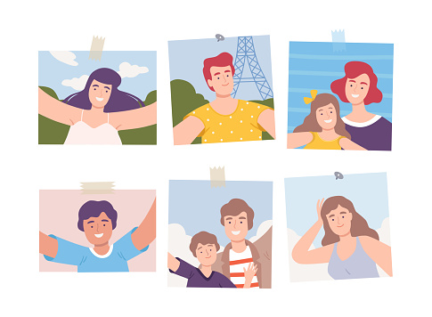 Photos of Young People with Selfie Smiling Portraits Vector Set. Man and Woman on Stick to Wall Photography with Happy Face