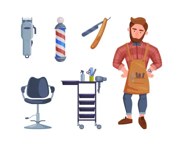 Vector illustration of Professional Bearded Man Barber with Tools and Table Vector Set