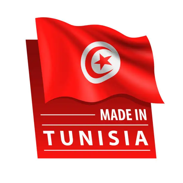 Vector illustration of Made in Tunisia - vector illustration. Flag of Tunisia and text isolated on white backround