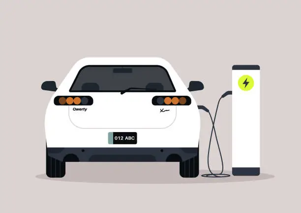 Vector illustration of Electric car plugged in to a charging station, green energy, no pollution