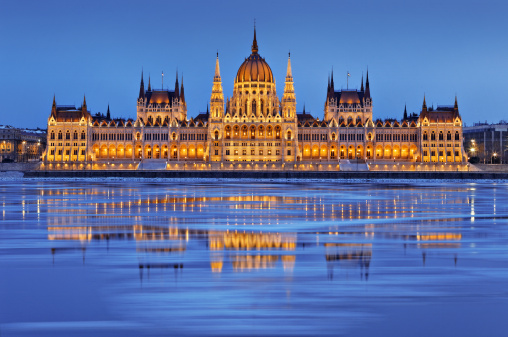 Parliament at dusk, Icy Danube River, Budapest, Hungary