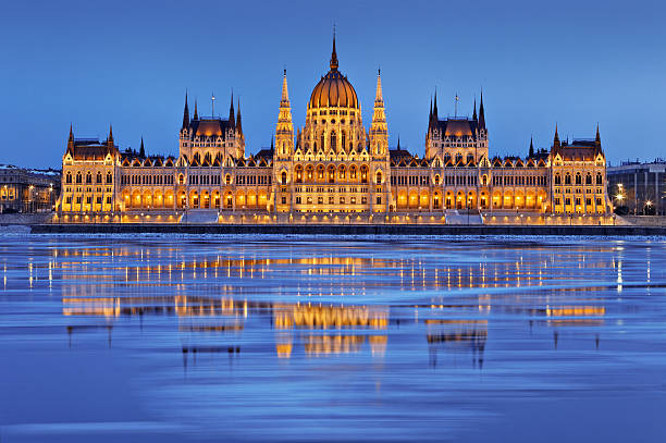 Hungarian parliament at dusk stock photo
