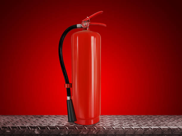 istock Fire extinguisher on steel background  red background 1553568923