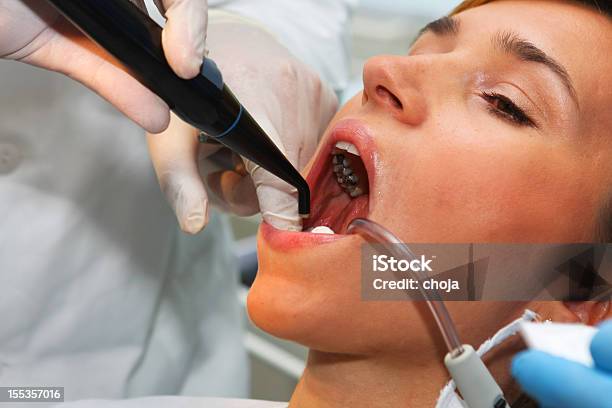 Foto de As Jovem Mulheres Bonitas No Dentista e mais fotos de stock de Adulto - Adulto, Cadeira de Dentista, Consultório Dentário