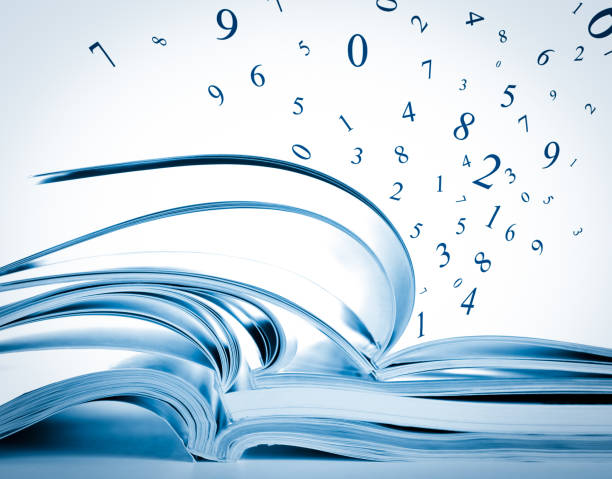 istock Stack of opened books, magazines, exercise notebooks with flying numbers 155357243