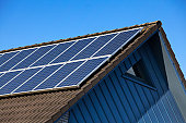 istock solar panel on gable roof against blue sky 155357275