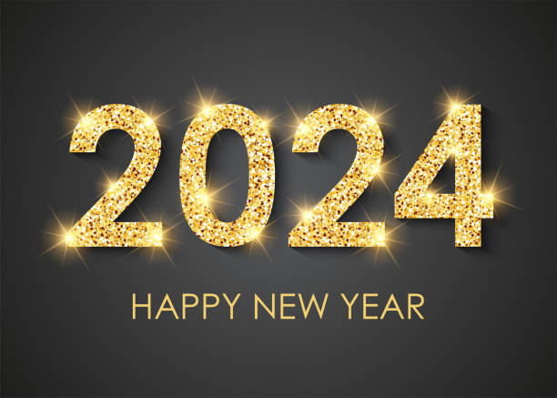 2024년 새해 복 많이 받으세요 배경에 금색으로 반짝이는 숫자가 있습니다. 벡터 그림입니다. - happy new year 2024 stock illustrations