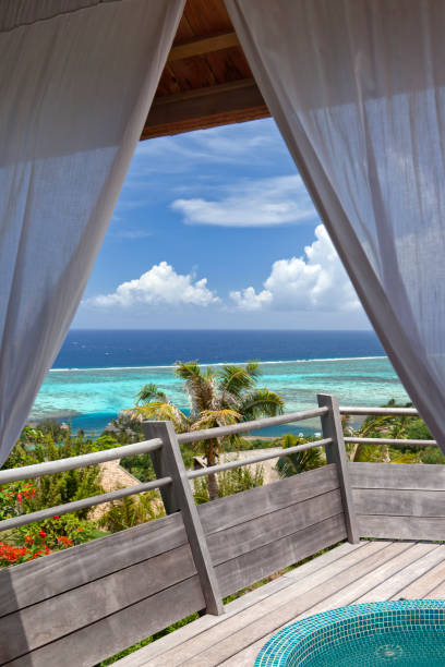 istock Ocean panorama from gazebo on a terrace 155357749