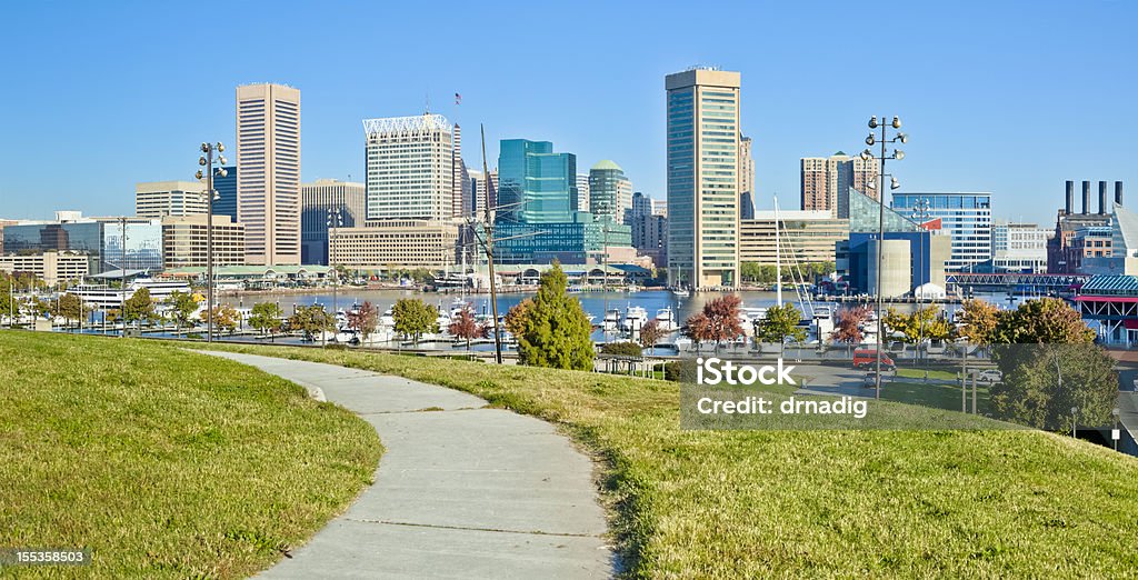 Baltimore, Federal Hill Inner Harbor View Panoramic image of Baltimore's Federal Hill, overlooking the Inner Harbor and its many tall buildings on a sunny autumn afternoon under a clear blue sky. A paved sidewalk winds its way along the terraced community park. Baltimore - Maryland Stock Photo