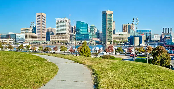 Panoramic image of Baltimore's Federal Hill, overlooking the Inner Harbor and its many tall buildings on a sunny autumn afternoon under a clear blue sky. A paved sidewalk winds its way along the terraced community park.