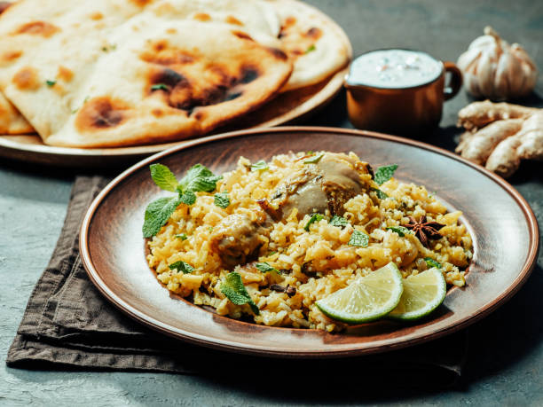 Pakistani chicken biryani rice, copy space stock photo