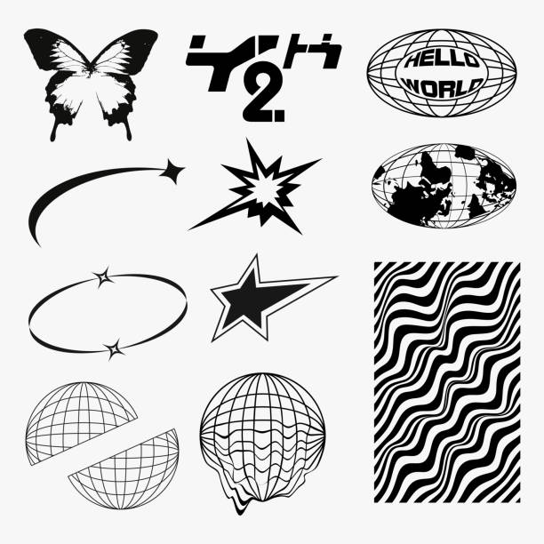 ilustrações, clipart, desenhos animados e ícones de y2k design projects, globos, borboleta, estrelas, forma abstrata para camiseta street wear moda e y2k elemento estilo - street style