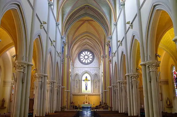 Wide angle image of church interior.