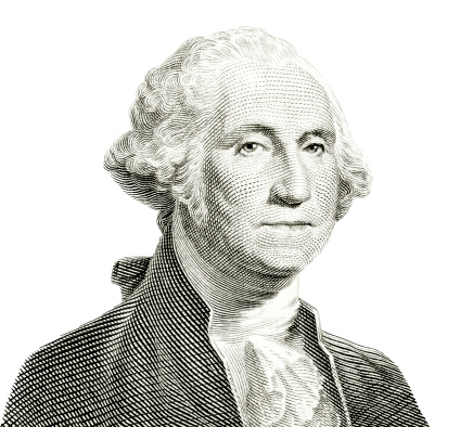 The familiar George Washington portrait of US one dollar banknote isolated on white. Carefully edited and color corrected for fit with the white background instead of original dark one. A tiny bit of original cream color of the paper left intact, easily removed by desaturating if undesirable.