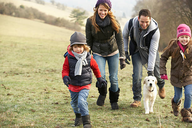 família cão e a divertir-se no país durante o inverno - family winter walking fun imagens e fotografias de stock