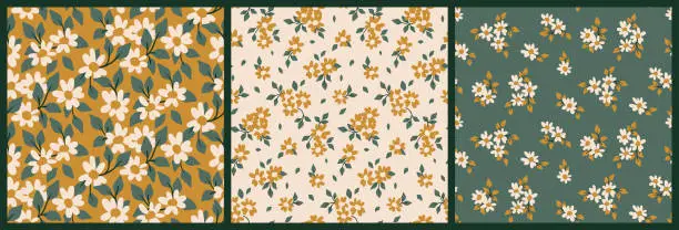 Vector illustration of Seamless floral pattern, liberty ditsy print with small cute chamomile flowers in collection. Vector illustration.