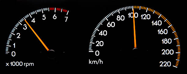 Speedometer 100 kmh - Tachometer Speedometer displaying 100 kmh & Tachometer displaying 3500 RPM 100 mph stock pictures, royalty-free photos & images