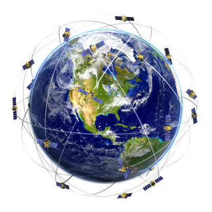 The GPS satellites revolves around the Earth. Isolated on white. 3D render.