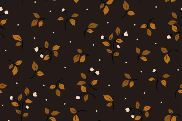 Vector illustration of Seamless floral pattern, liberty ditsy print with autumn botany: small branches, flowers, leaves on a dark brown background. Vector illustration.