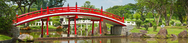 Vibrant red traditional wooden bridge and sunbathing heron in the Japanese Gardens park of Singapore. ProPhoto RGB profile for maximum color fidelity and gamut.