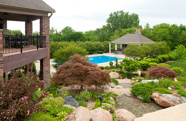 Beautiful Gardens with Swimming Pool stock photo