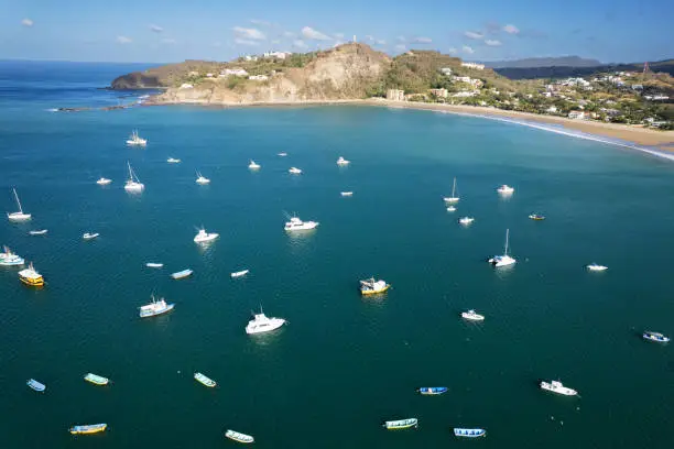 Vacation in San juan Del Sur Nicaragua theme. Yachts and boats in blue harbor