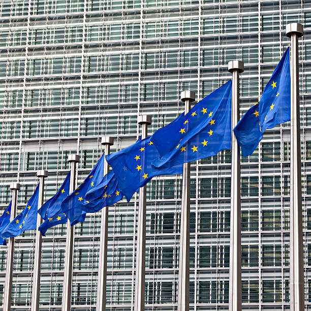 european flags in brussels european flags in front of the european commission building in brussels, belgium. european union symbol stock pictures, royalty-free photos & images