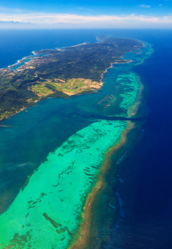Aerial view of Roatan, Honduras. This island is located near the Mesoamerican Barrier Reef, which is the 2nd largest barrier reef in the world, after Australia.