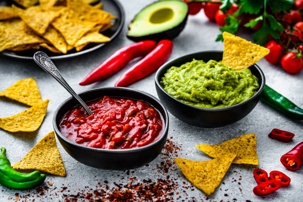 istock Traditional Mexican spicy salsa sauce, guacamole and nacho chips 1553623663