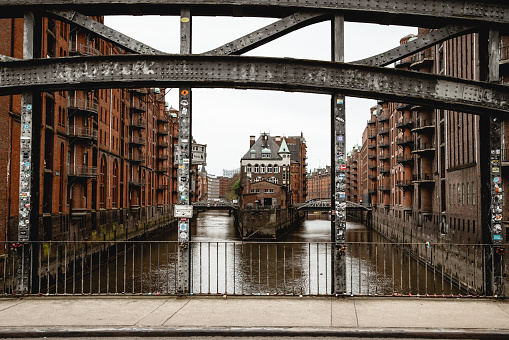 Canal in historic warehouse district Speicherstadt in Hamburg, Germany