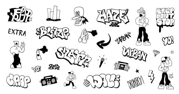 ilustraciones, imágenes clip art, dibujos animados e iconos de stock de street style graffiti garabatos personajes dibujados a mano y letras, símbolos de la cultura hip hop fondo vectorial para niños - headphones party little boys dancing