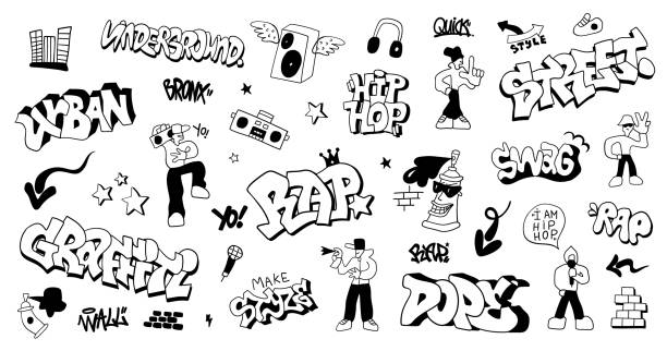 ilustraciones, imágenes clip art, dibujos animados e iconos de stock de street style graffiti garabatos personajes dibujados a mano y letras, símbolos de la cultura hip hop fondo vectorial para niños - headphones party little boys dancing