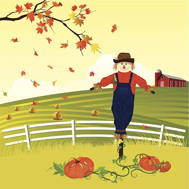 Vector illustration of Autumn Field With Scarecrow and Pumpkins