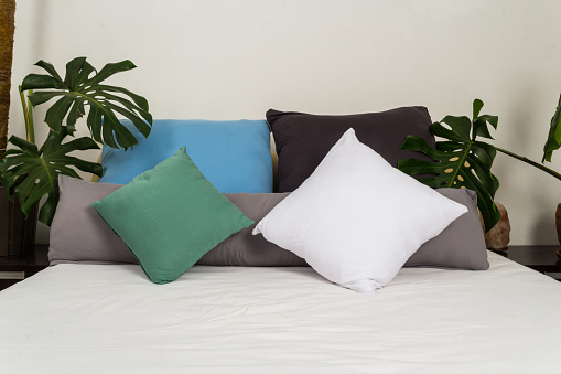 colored pillows on white bed in natural bedroom interior