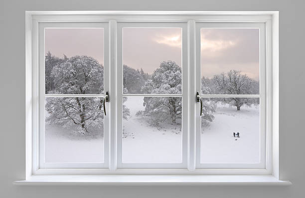 white windows with Winter view a finely crafted set of white painted wooden windows set in a grey wall with a view over a winter scene with frozen oak trees, snow and sledgers. ﻿This is a composite of two images. window latch stock pictures, royalty-free photos & images