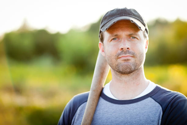 istock Vintage Baseball Player in Batting Stance,With Outdoor Setting 155368843